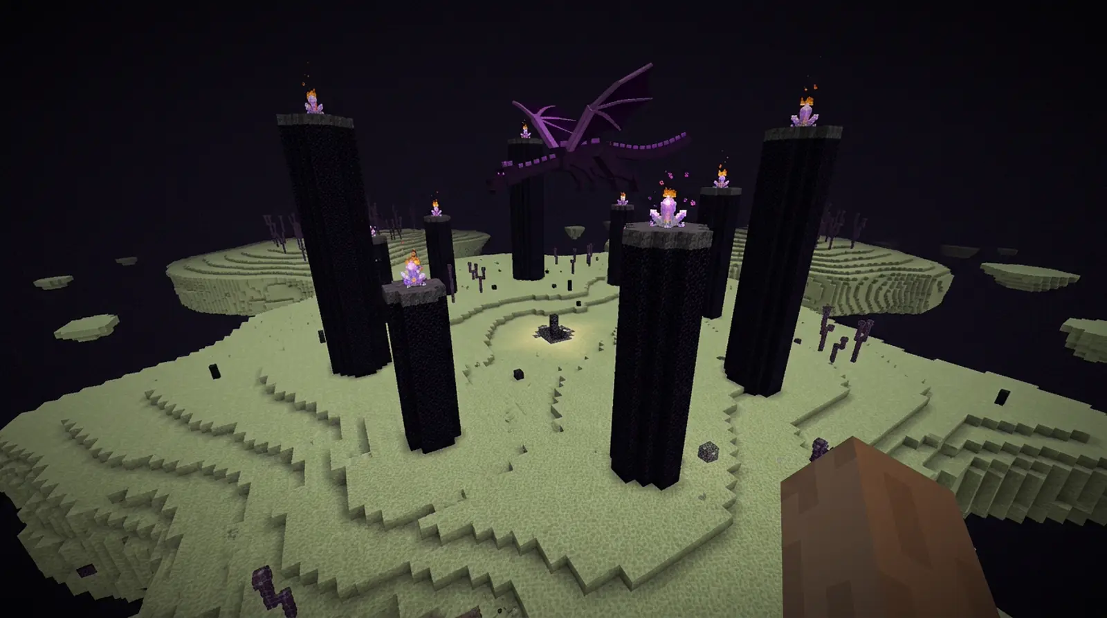 The End with obsidian pillars and the dragon