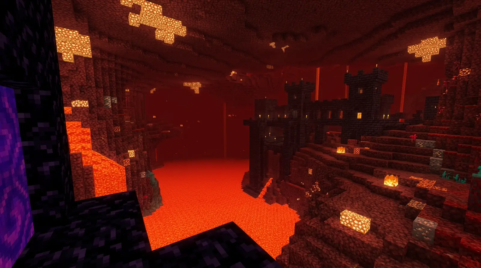 Nether wastes with a bastion in the distance